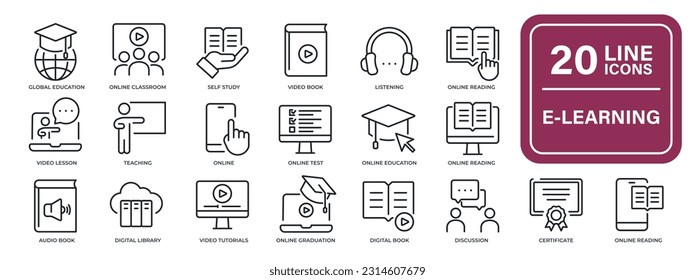 E-learning, education, online school, webinar thin line icons. For website marketing design, logo, app, template, ui, etc. Vector illustration.