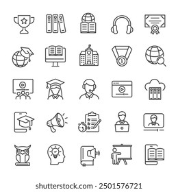 E-learning, education, online school, webinar thin line icons collection. For website marketing design, logo, app, template, ui, etc. Vector illustration.