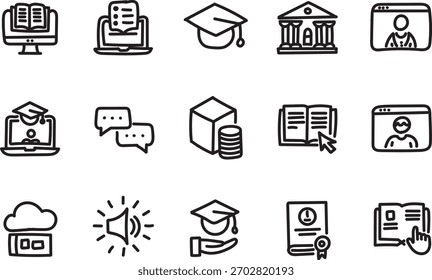 E-Learning and Education Outline Icon Set – Online Courses, Graduation, Study Tools, Digital Classroom