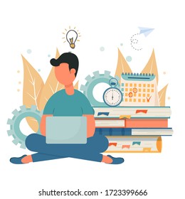 E-learning, education, personal productivity concept. Young man, student sitting with laptop near books stock vector illustration. Preparation for exams, online courses, modern lifestyle.