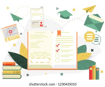 E-learning and education process, online and offline books for learning, internet library and tutorial study. Modern vector illustration concept, isolated on white background.