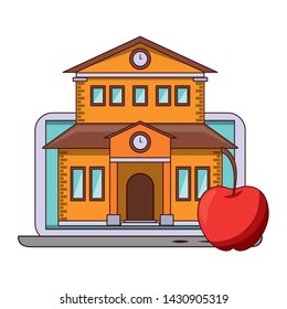 elearning and education school building on laptop and apple symbols vector illustration graphic design
