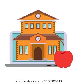 elearning and education school building on laptop and apple symbols vector illustration graphic design