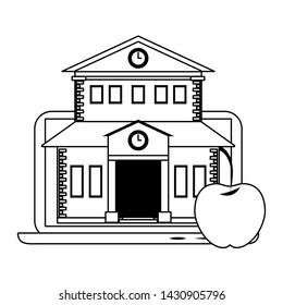 elearning and education school building on laptop and apple symbols vector illustration graphic design
