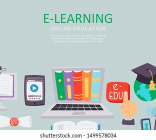 E-learning education school university vector illustration. Flat poster with monitor full of books, education red button, earth globe and mobile phone educational app for e-learning poster.