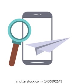 elearning and education smartphone and magnifying glass with paper plane symbols vector illustration graphic design