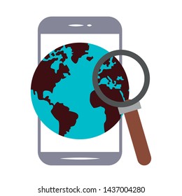 elearning and education smartphone and world with magnifying glass symbols vector illustration graphic design
