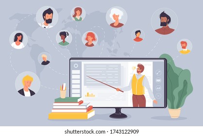 E-learning, education training. Social network. Educational platform. People connection. Business specialization, university study service. Teacher tutor conducting online lesson on computer screen