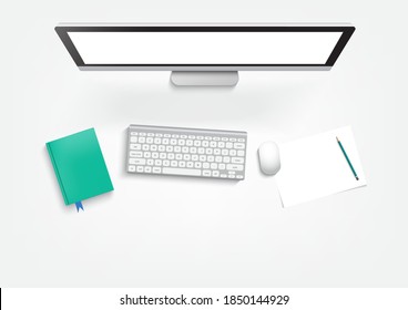 E-learning, education and university banner, student's desktop with laptop and books. top view.