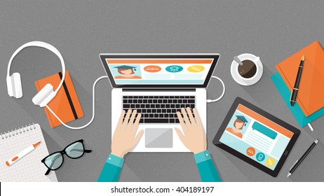 E-learning, education and university banner, student's desktop with laptop, books and hands, top view