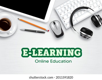 E-learning education vector background design. Online education elearning text with tablet and digital devices elements for student educational distance learning. Vector illustration
