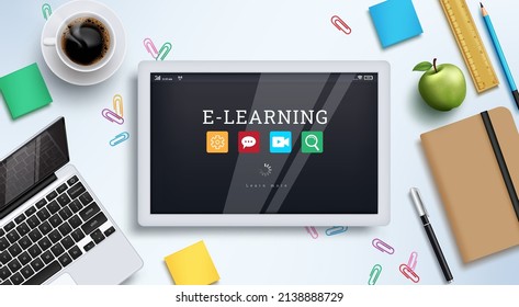 Elearning education vector background design. E-learning text in tablet device with online education elements of laptop, notebook and icon for home distance learning. Vector illustration.

