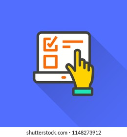 E-learning education vector icon with long shadow. Illustration isolated on blue background for graphic and web design.