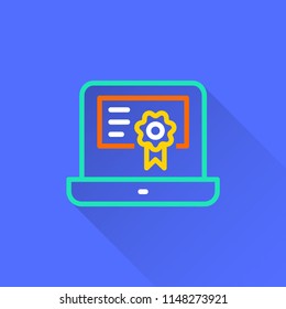 E-learning education vector icon with long shadow. Illustration isolated on blue background for graphic and web design.