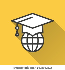 E-learning education vector icon with long shadow. Simple illustration isolated on yellow background for graphic and web design.