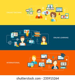 E-learning flat banner set with international online teaching learning isolated vector illustration