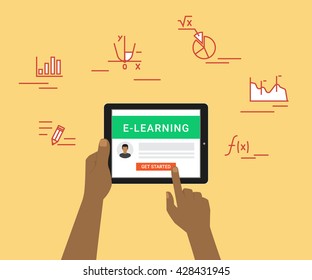 E-learning flat concept illustration of human hand using tablet pc for distance studying and education. Man holds in his hand black tablet pc and getting started distance education on website
