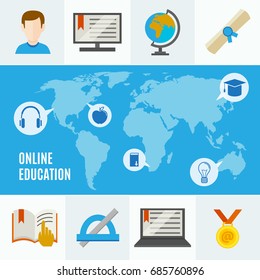 Elearning flat concept with online education headline and idea of learning anywhere in the world vector illustration