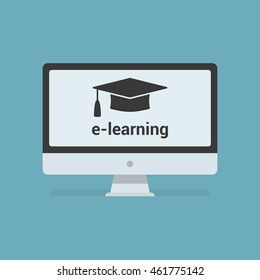 E-learning flat icon. Modern computer and graduation cap isolated on background