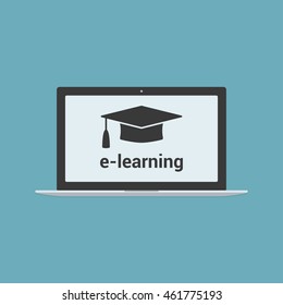 E-learning flat icon. Modern laptop and graduation cap isolated on background