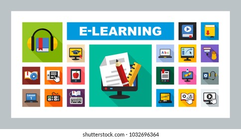 E-learning flat icon set. Vector illustration.