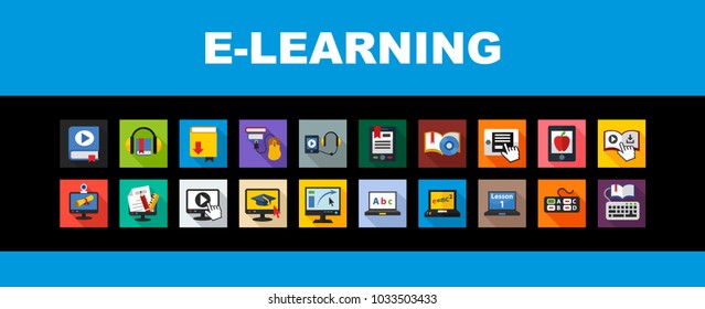 E-learning flat icon set. Vector illustration.