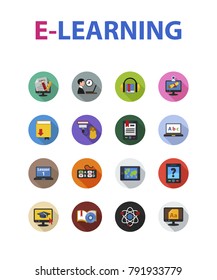 E-learning flat icon set. Vector illustration. Element template for design.