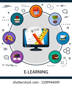 E-learning flat icons concept. Vector illustration. Element template for design.