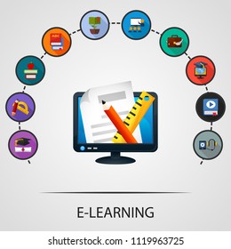 E-learning flat icons concept. Vector illustration. Element template for design.