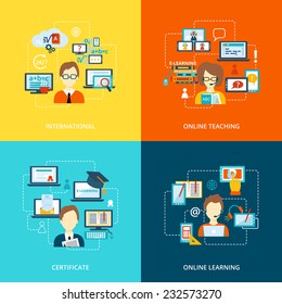 E-learning flat icons set with international online teaching certificate learning vector illustration