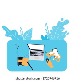 E-learning flat illustration of human hand using laptop for distance studying and education.