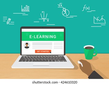 E-learning flat illustration of human hand using laptop for distance elearning studying and education. Man sitting at home and getting started learning educational tutorial on website in laptop screen