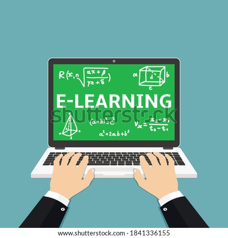 E-learning flat illustration of human hand using laptop for distance elearning