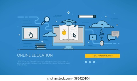 E-learning flat line design vector illustrations for web banners, hero images, web sites and landing pages with call to action button. Ready to use