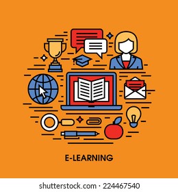 E-learning flat line icons. Creative design elements 