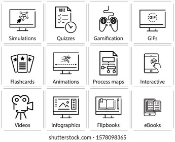 eLearning flat line icons with text isolated on white background concept of digital electronic communication in web school - Vector