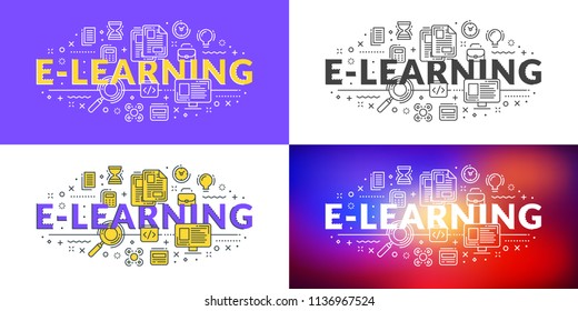 E-learning. Flat line illustration concept for web banner and printed materials. Vector illustration in 4 different styles