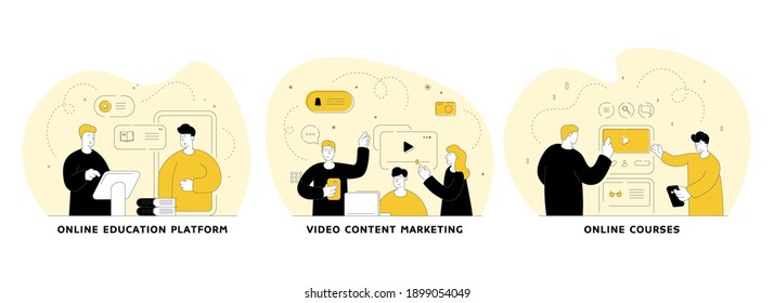 E-learning flat linear vector illustration set. Online education platform, video content marketing, online cources. Distance web learning concept. Language tutoring. Online communication