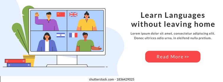E-learning of the foreign languages. Distance online education web-banner. Teachers from different countries give lessons on the website. Horizontal vector template.