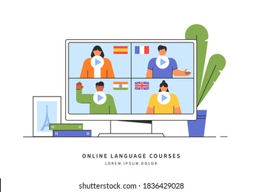 E-learning of the foreign languages. Distance online education concept. Teachers from different countries give lessons on the website. Modern vector illustration isolated on white background.