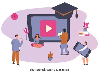 E-Learning and Freelance.Freelancers Working With Laptops.Online Courses or Learning Languages and Watching a Webinar.Online Education Concept.Huge Monitor with Graduation Cap.Vector illustration.