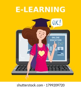 E-Learning Mädchen, die mit Computer und Büchern lernen, lächeln. Das Konzept des Online-Lernens zu Hause, Online-Test, Fernunterricht. Vektorgrafik einzeln