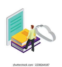 E-learning glow isometric composition with human character surrounded by books and modern technologies of learning vector illustration