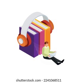 E-learning glow isometric composition with human character surrounded by books and modern technologies of learning vector illustration