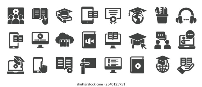 E-learning glyph solid icons collection. Containing education, graduate school, learning, tutorial. Minimal icon and symbol series vector illustration