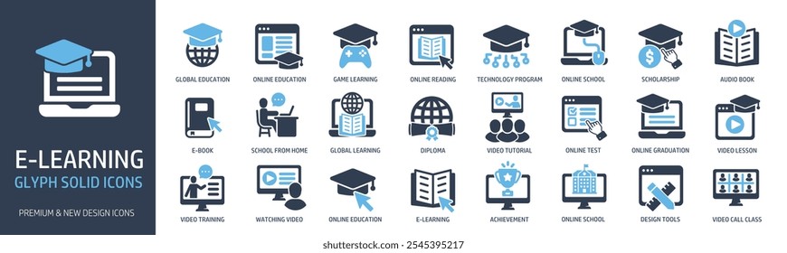 E-learning glyph solid icons collection. Containing school, education, study, diploma. For website marketing design, logo, app, template, ui, etc. Vector illustration.