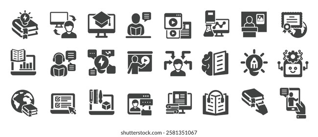 E-learning glyph solid icons collection. Containing content education, learn, tutorial, training. Minimal icon and symbol series vector illustration