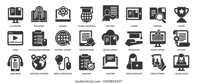 E-learning glyph solid icons collection. Containing education, graduate school, learning, tutorial. Minimal icon and symbol series vector illustration