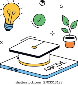 Graduação e-learning com ideias de tampa e lâmpada em um conceito de tablet para educação on-line. Pode ser usado para cursos on-line, plataformas de aprendizagem digital e recursos educacionais. isométrica plana.