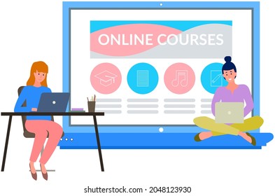 E-learning at home concept. Best method of self education, girls study online training courses with laptops. Various online courses for students. Distance education, online learning via Internet